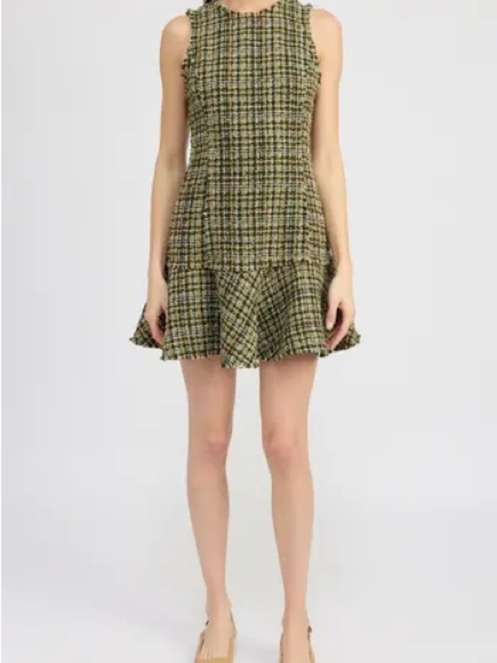 En Saison Green Plaid Tweed Ruffle-Hem Mini Dress